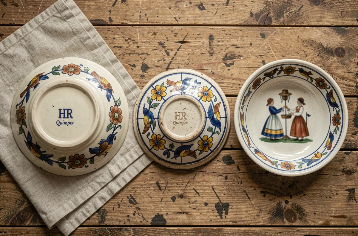 Comparaison de trois faïences Quimper dont une originale Henriot, une ancienne et une copie moderne sur une table en chêne