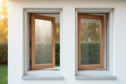 Comparaison entre une fenêtre à double vitrage isolée et une fenêtre simple vitrage non isolée montées côte à côte sur un mur en plâtre blanc