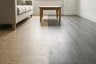 Comparaison entre sol en linoléum et sol en PVC dans un salon moderne, montrant les textures et finitions différentes des deux revêtements de sol
