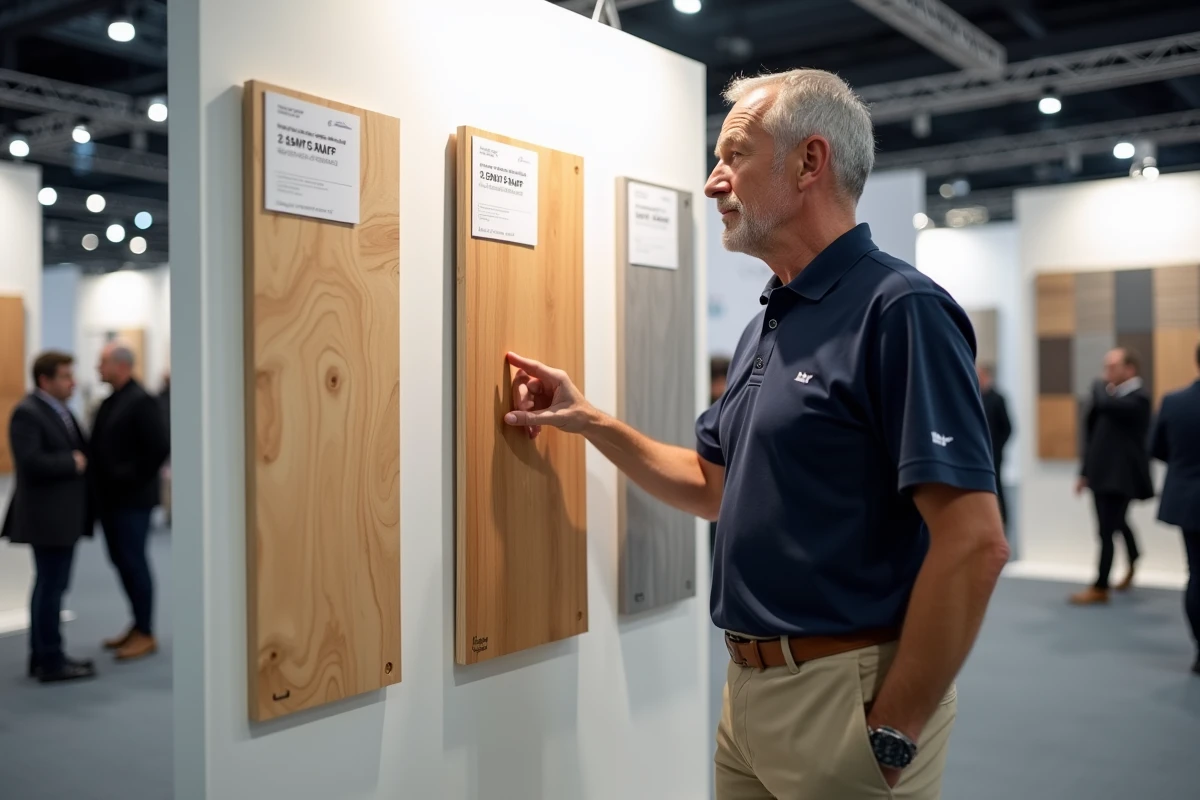 Comparaison de matériaux d'escaliers bois MDF et métal avec étiquettes de prix lors d'un salon de la rénovation