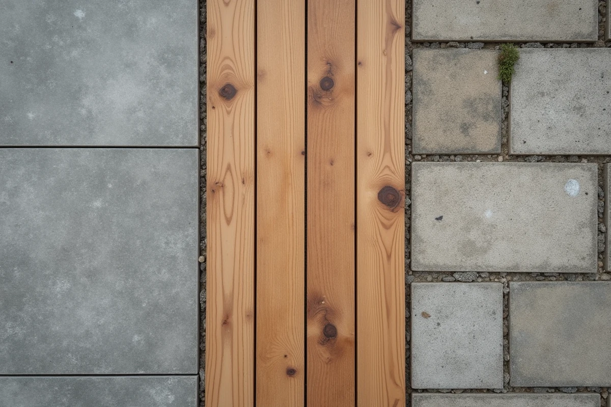 Comparaison de matériaux de terrasse durable carrelage en grès composite et béton posés côte à côte