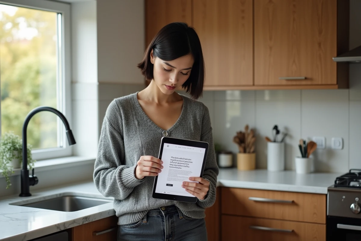 Femme comparant les prix d'alarmes maison sur une tablette dans une cuisine moderne