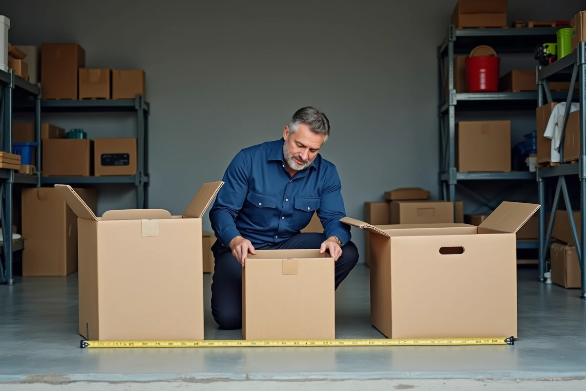 Comparaison de différentes tailles de cartons de déménagement avec un mètre ruban dans un garage