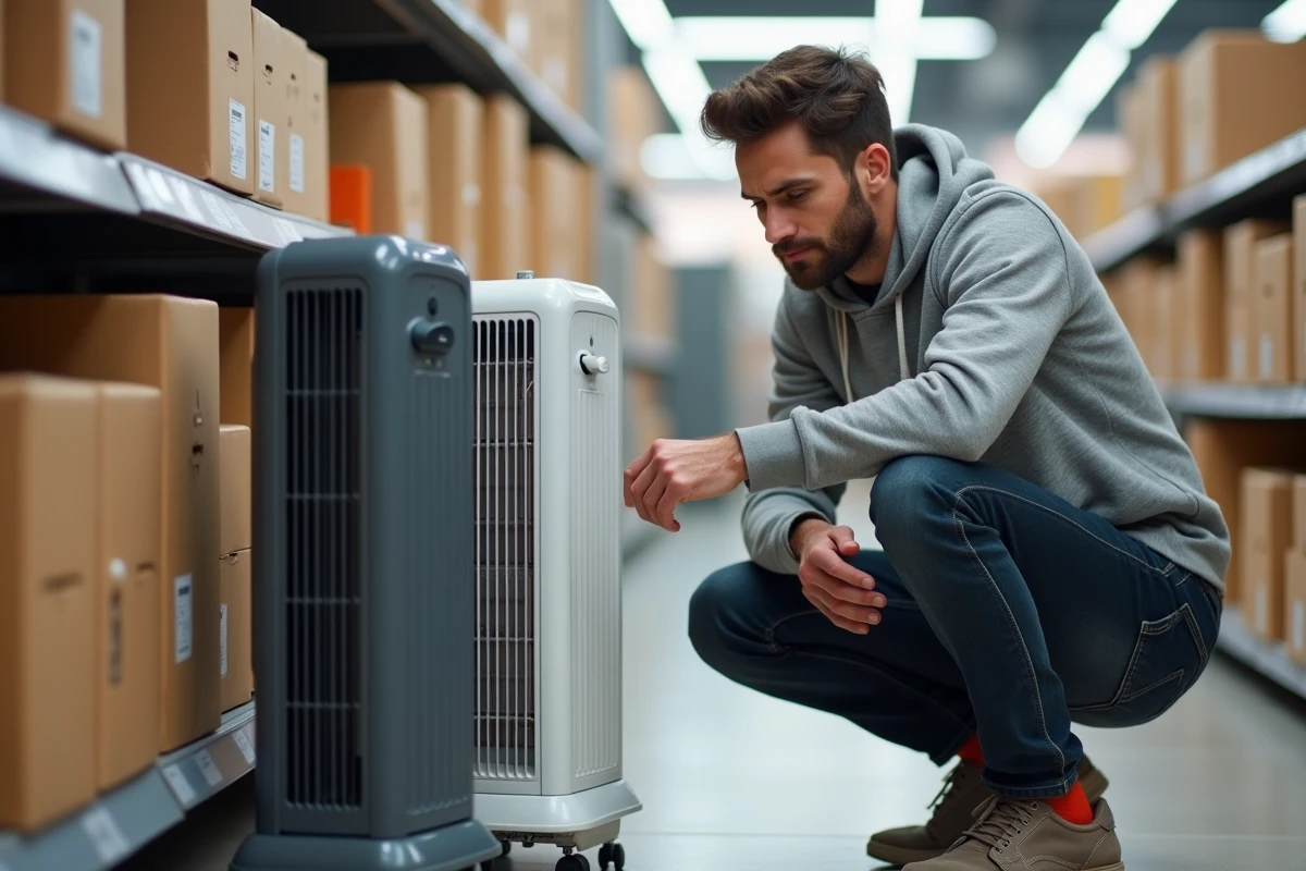 Homme comparant deux modèles de radiateurs électriques économiques dans un magasin de bricolage