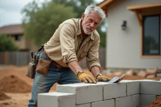 Ouvrier posant des parpaings sur un mur extérieur en construction, technique économique de maçonnerie