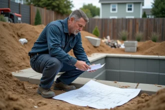 Entrepreneur en bâtiment examinant les plans d'une piscine en cours de construction dans un jardin résidentiel