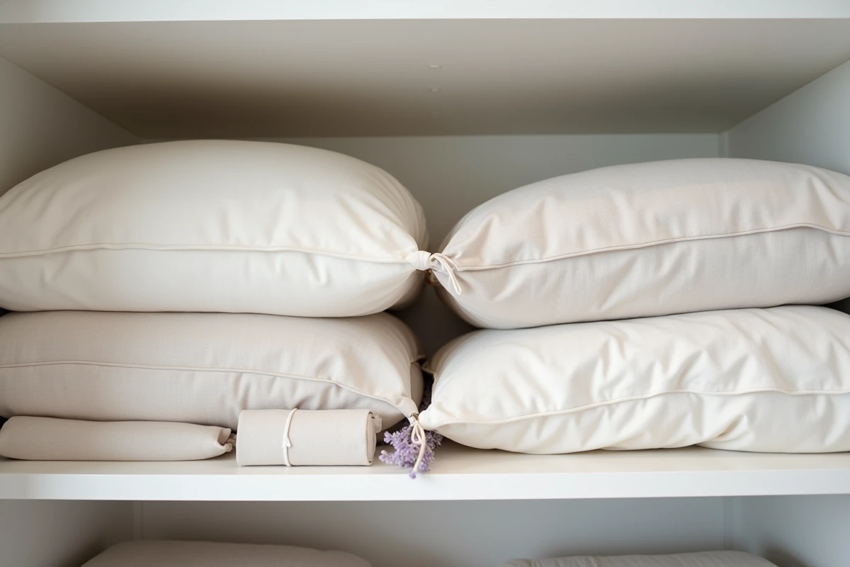 Couettes rangées dans des housses en coton respirant sur l'étagère d'un placard de chambre bien organisé