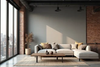 Loft urbain aux murs peints en gris béton chaud avec fenêtres industrielles et sol en béton poli