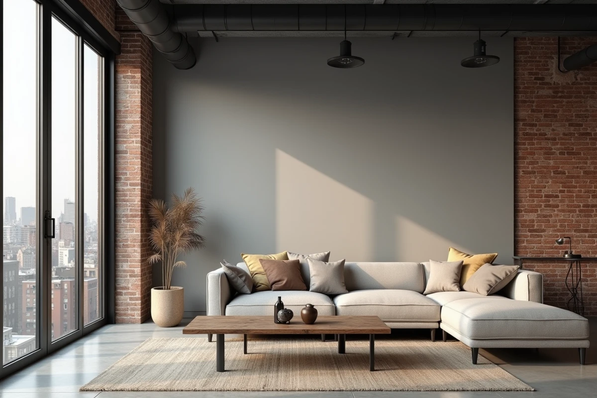 Loft urbain aux murs peints en gris béton chaud avec fenêtres industrielles et sol en béton poli