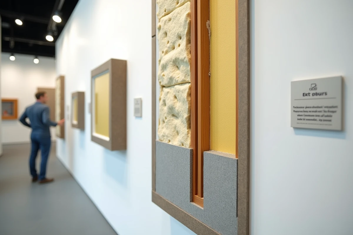 Coupe transversale pédagogique d'un mur intérieur isolé exposant les couches de laine de verre, pare-vapeur et plaques de plâtre