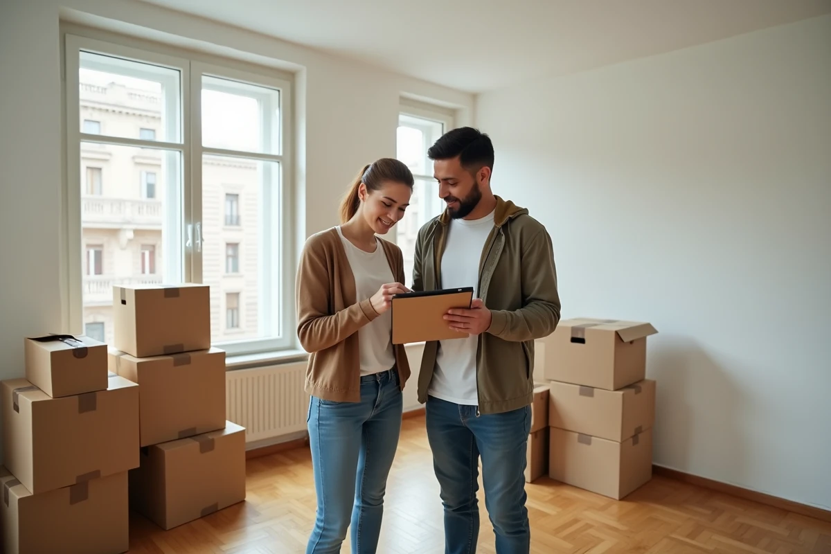 Couple vérifiant une liste de contrôle dans un appartement vide lors de leur déménagement