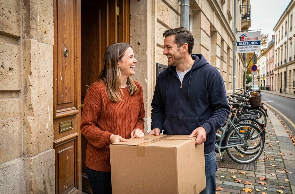 Couple emménageant ensemble dans un appartement parisien, portant un carton devant une porte en pierre