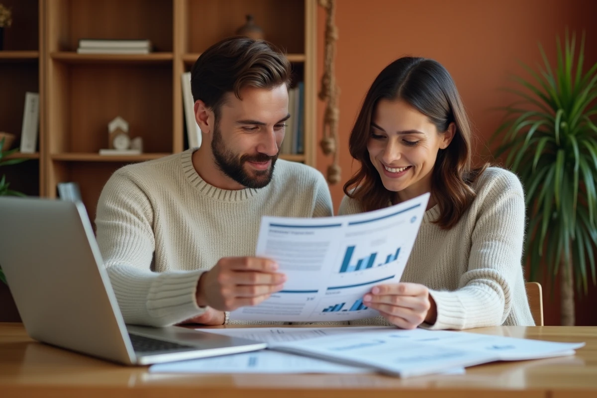 Couple étudiant le prix moyen au m2 immobilier avec un rapport et un ordinateur portable à domicile