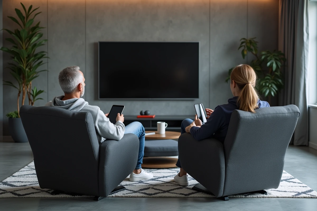 Couple se relaxant côte à côte dans des fauteuils relax assortis dans un salon moderne et contemporain