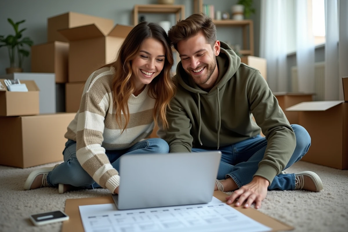 Couple planifiant la date de leur déménagement entouré de cartons ouverts dans un salon en cours de déménagement