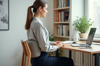 Femme ajustant un coussin lombaire sur une chaise de bureau ordinaire pour améliorer l'ergonomie