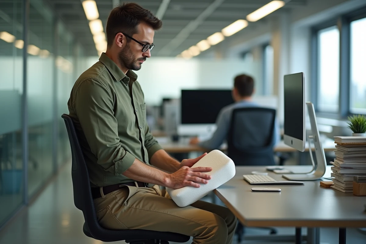 Homme installant un coussin de siège ergonomique sur une chaise en plastique dans un open space