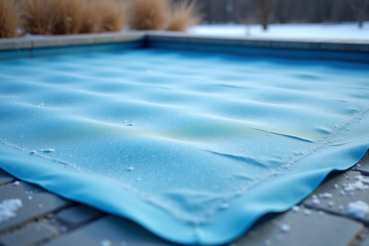 Gros plan d'une couverture à bulles hivernale translucide posée sur une piscine avec givre et pierre naturelle autour du bassin