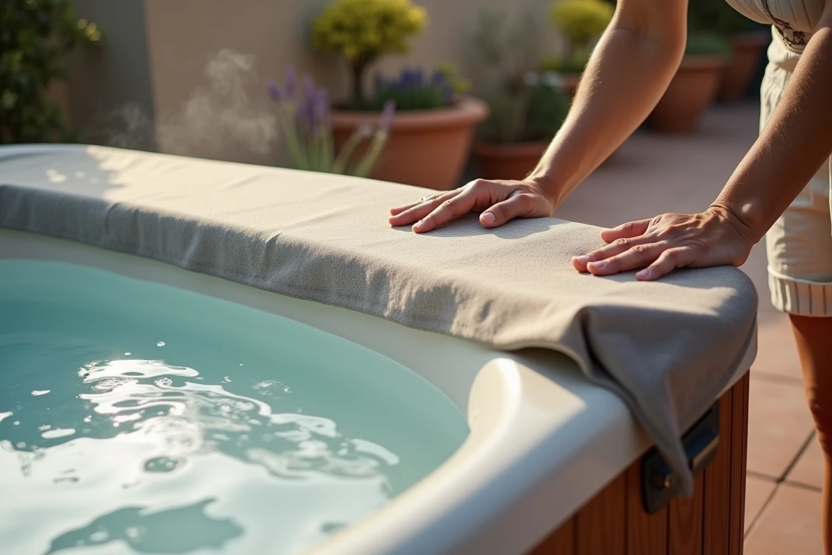 Femme inspectant la couverture isolante d'un spa en vinyle sur une terrasse en carrelage avec plantes en pot