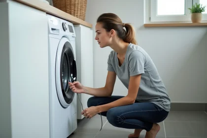 Femme s'apprêtant à débrancher une machine à laver de sa prise électrique murale dans une buanderie moderne