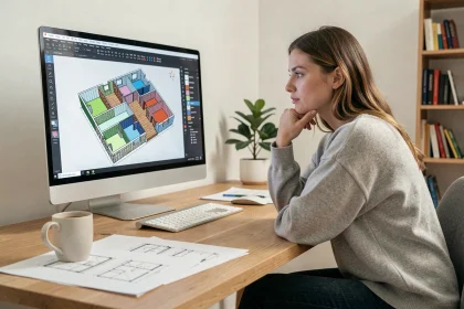 Jeune femme débutante utilisant un logiciel d'architecture 3D gratuit sur ordinateur dans un bureau moderne minimaliste