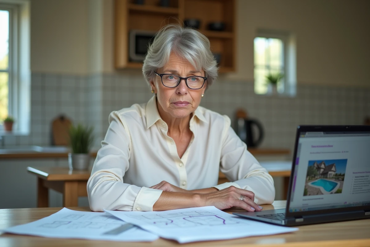 Femme consultant des formulaires fiscaux liés à la déclaration d'une piscine auprès des impôts à domicile