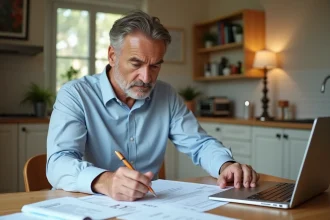 Un homme d'une cinquantaine d'années remplit une déclaration de travaux pour obtenir un crédit d'impôt à domicile