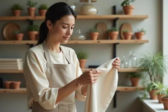 Décoratrice d'intérieur examinant des matériaux durables et écologiques dans un studio de design minimaliste