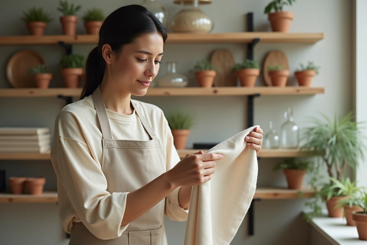 Décoratrice d'intérieur examinant des matériaux durables et écologiques dans un studio de design minimaliste