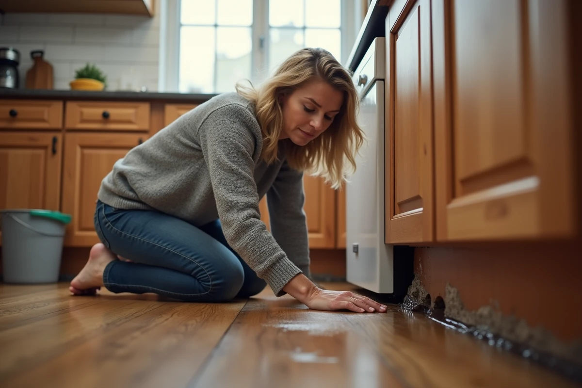 Femme examinant des dégâts des eaux sur le plancher de sa cuisine avec des traces d'humidité visibles
