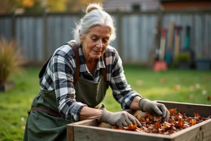 Femme en tablier de jardinage qui ajoute des feuilles mortes et des déchets de cuisine dans un composteur en bois extérieur