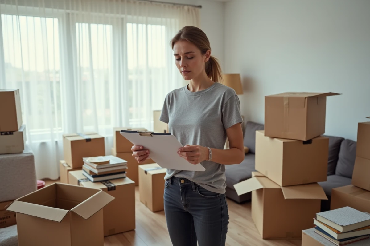 Femme organisant un déménagement rapide en deux semaines dans un appartement avec des cartons ouverts et une liste de tâches