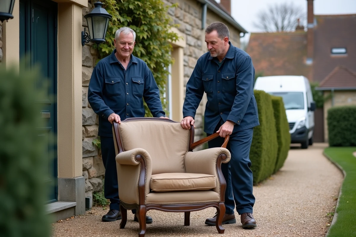 Déménageurs professionnels vidant une maison lors d'un débarras après succession