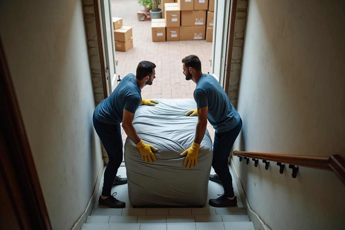Deux déménageurs portant un canapé dans l'escalier d'un immeuble lors d'un déménagement