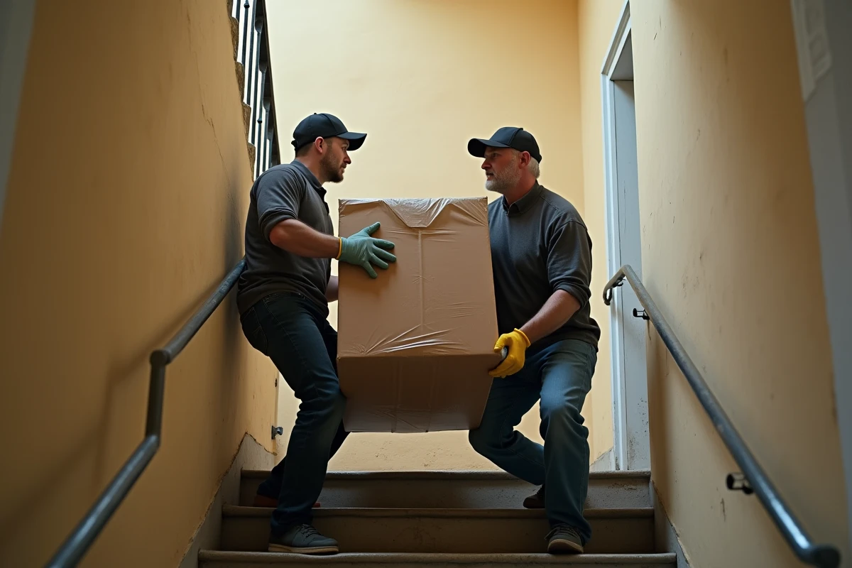 Deux déménageurs portant un meuble emballé dans un escalier étroit lors d'un déménagement express