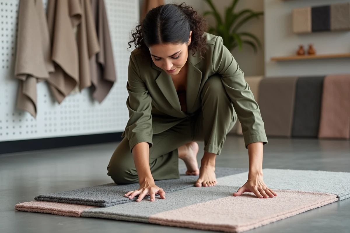 Designer d'intérieur examinant des échantillons de moquette aux textures variées dans un showroom de décoration contemporain