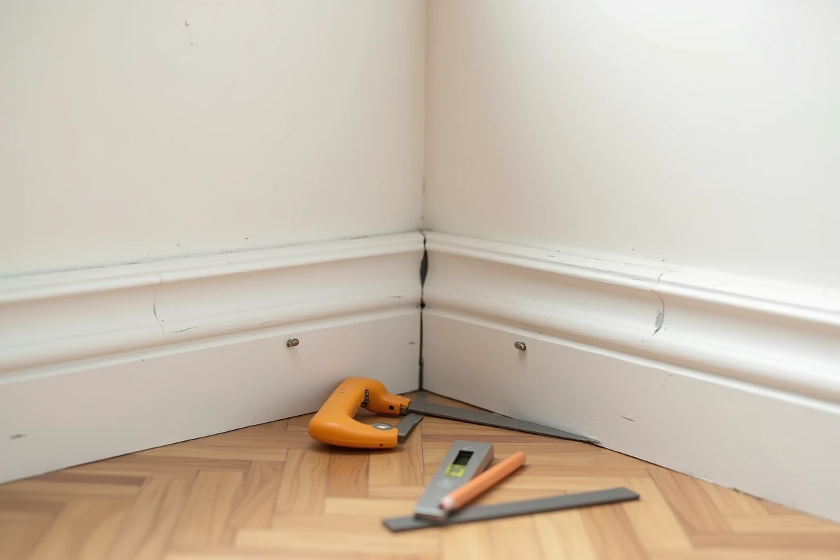 Détail d'une coupe d'angle précise sur une plinthe haute dans un angle de petite pièce rénovée