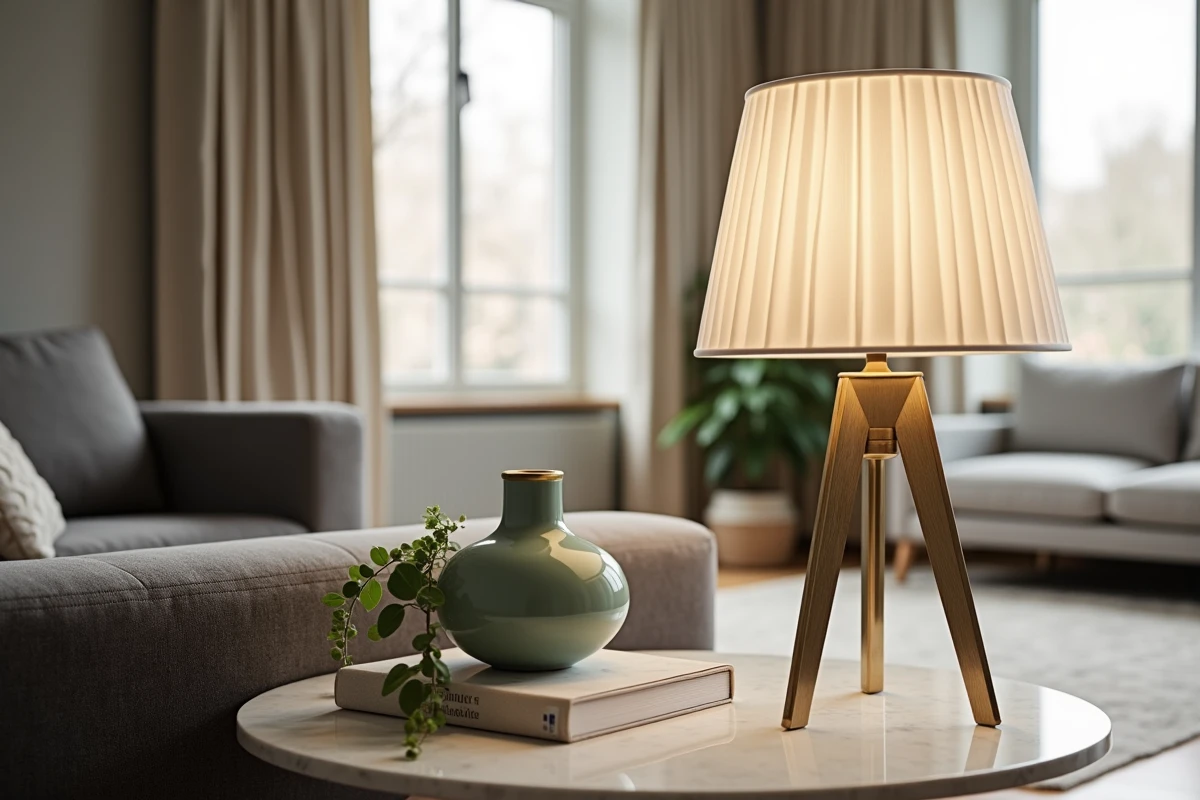 Gros plan de deux lampes décoratives dans un coin de salon, montrant l'importance de varier les hauteurs et les styles pour optimiser l'éclairage d'ambiance