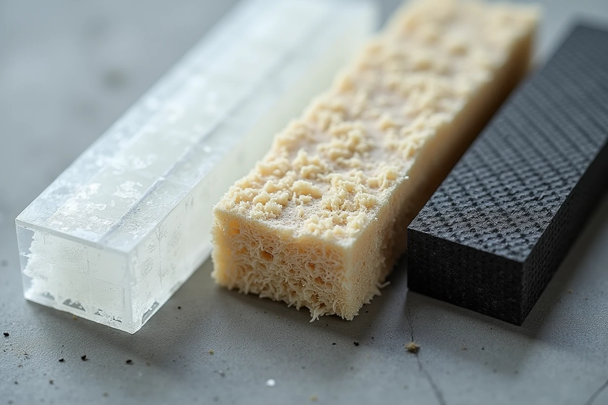 Détail macro de trois matériaux de construction innovants : panneau ETFE, brique en mycélium et fibre de carbone