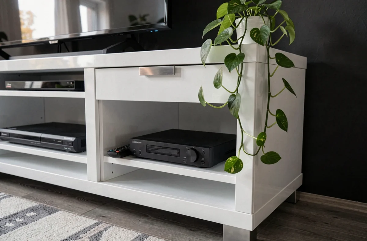 Détail d'un meuble TV d'angle blanc brillant dans un salon sombre, avec décoration végétale et équipements multimédia