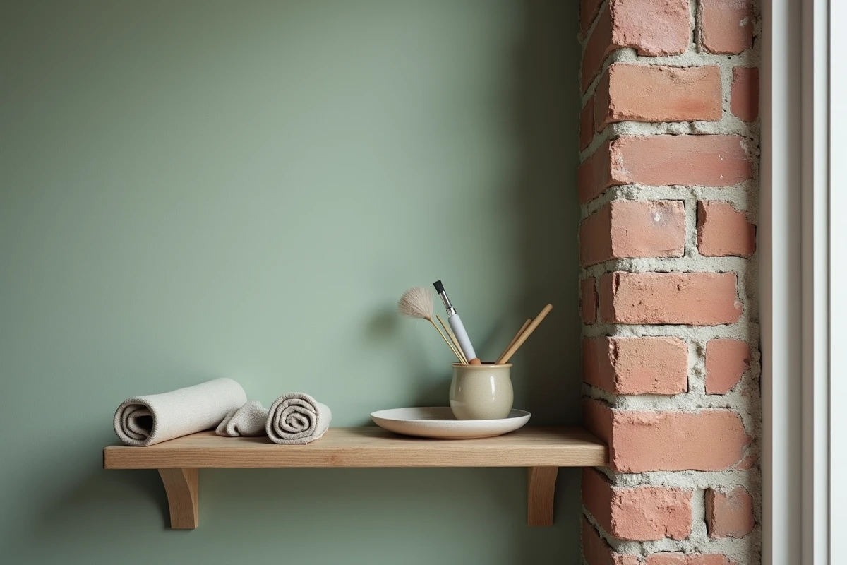 Détail d'un mur de loft peint en vert sauge mat contrastant avec une colonne en briques apparentes et un étagère en bois brut
