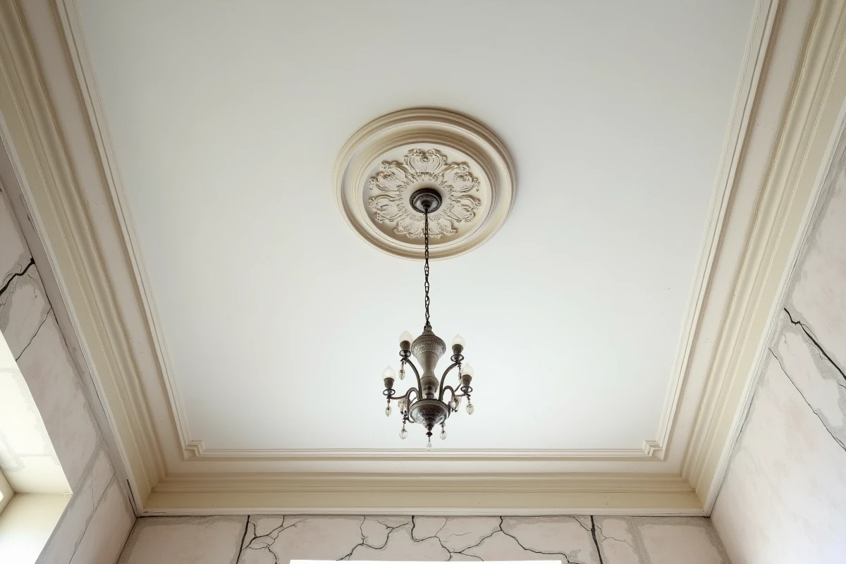 Détail du rail de fixation et membrane tendue installés près d'une rosace ancienne dans un appartement de caractère