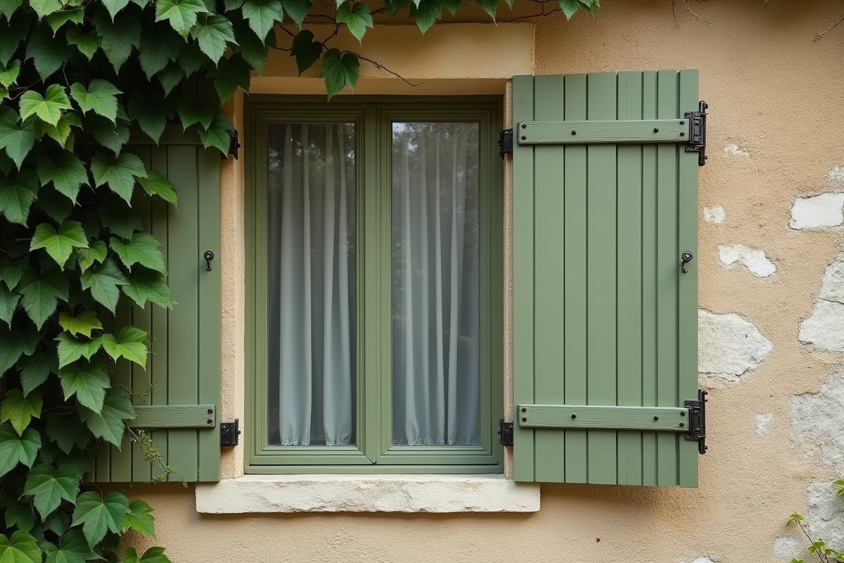 Détail de volets en bois peints en vert olive mat sur façade de maison de campagne, contraste avec l'ancien gris restant sur le mur