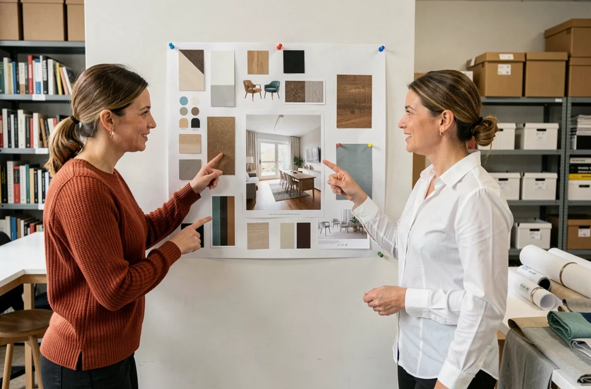 Deux femmes dans un studio de design intérieur discutant devant un mood board avec un rendu IA photoréaliste au centre, projet home design collaboratif