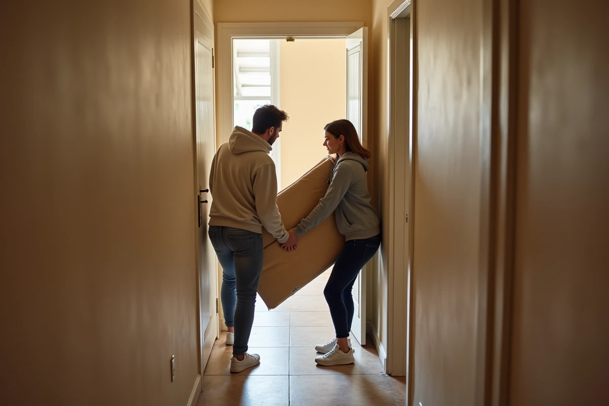 Deux personnes faisant passer un matelas plié dans l'encadrement d'une porte lors d'un déménagement