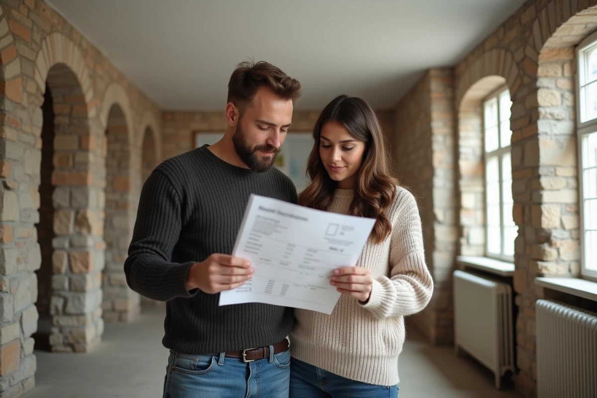 Couple examinant un devis de plafond tendu dans un appartement ancien rénové avec murs en pierre