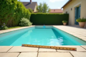 Piscine rectangulaire de taille moyenne dans un jardin pavillonnaire français avec ruban de mesure posé sur le bord, illustrant les dimensions réglementaires