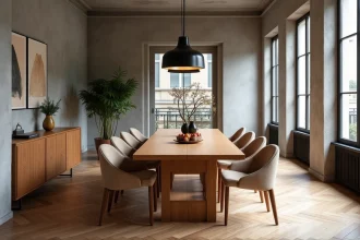 Salle à manger moderne avec table rectangulaire en chêne de 200 cm dans un appartement parisien aux murs en béton et parquet en chevrons