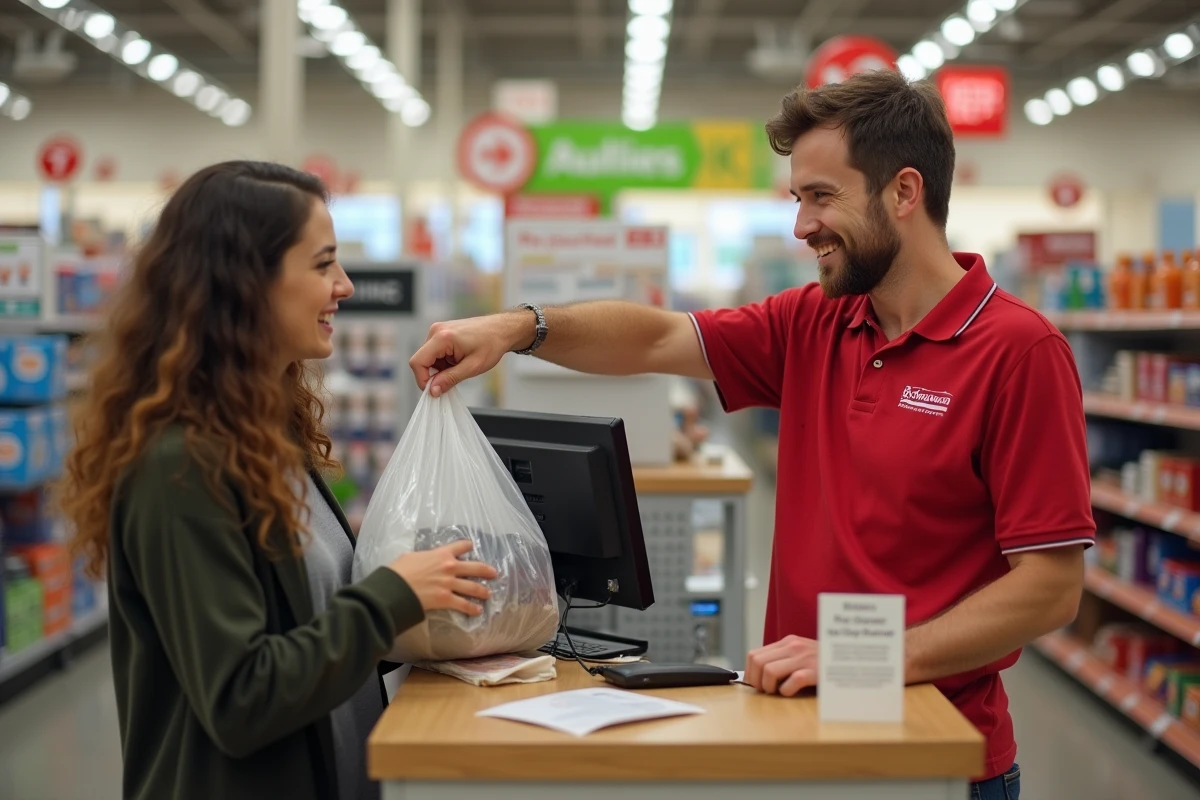 Échange entre une cliente et un employé GiFi au bureau des retours et échanges du magasin