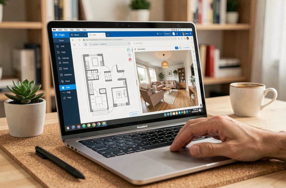 Gros plan d'un écran d'ordinateur montrant l'interface d'un outil IA de home design avec plan 2D et rendu 3D photoréaliste côte à côte